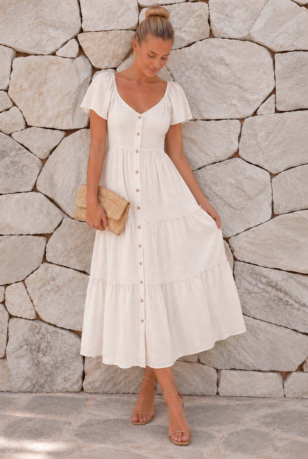 Women's Linen Midi Dress with Tiered Frill Skirt