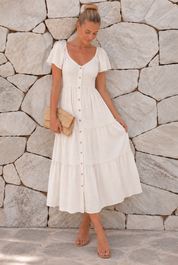 Women's Linen Midi Dress with Tiered Frill Skirt