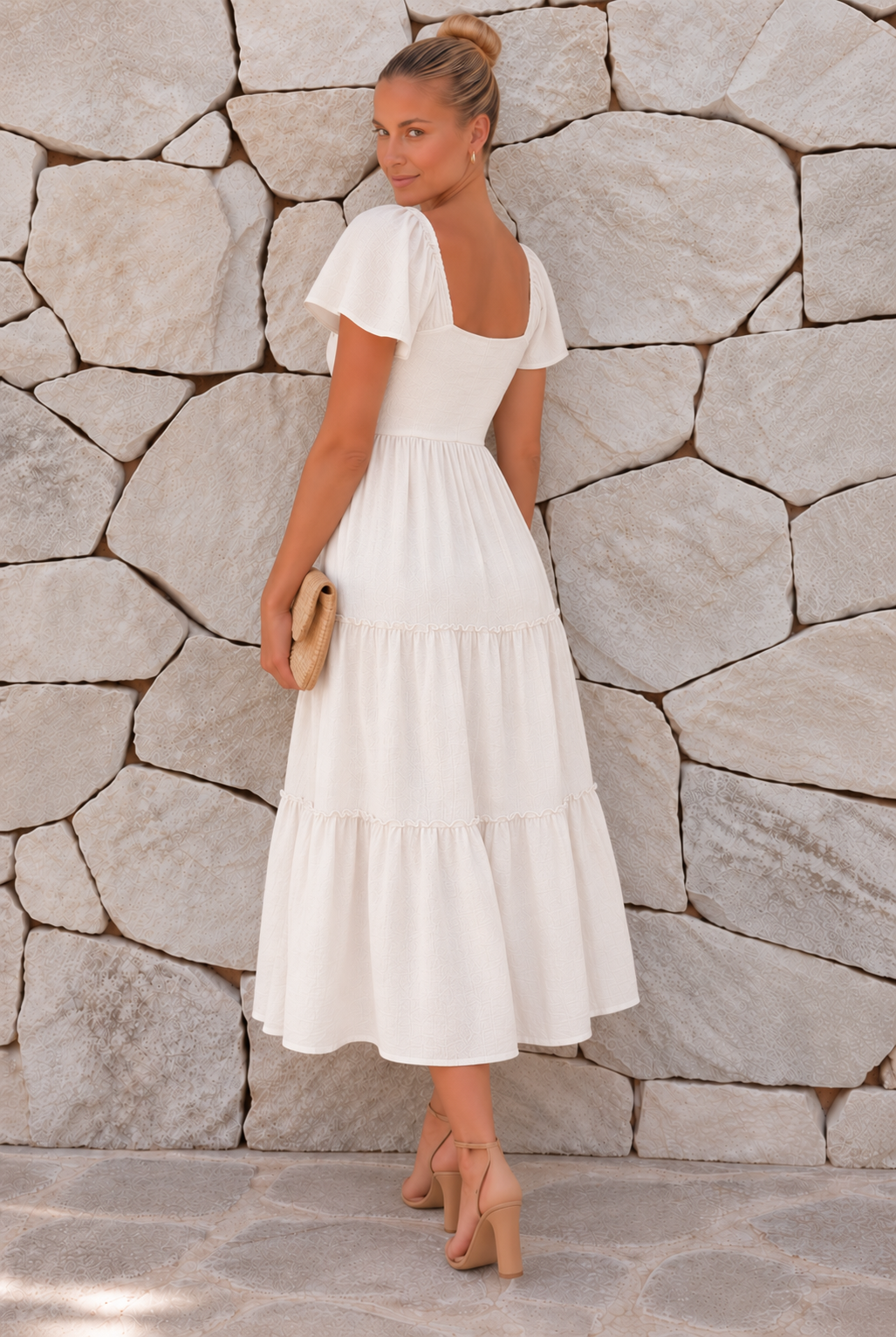 Women's Linen Midi Dress with Tiered Frill Skirt