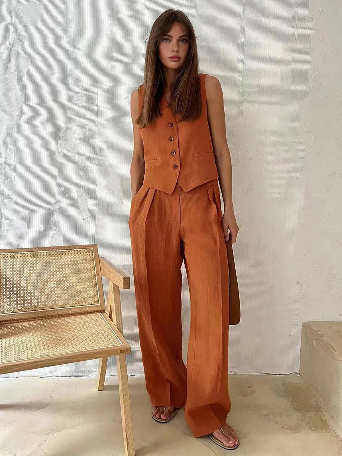 Women's Cotton Linen Waistcoat and Wide Leg Trousers Set