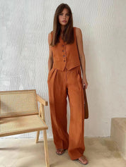 Women's Cotton Linen Waistcoat and Wide Leg Trousers Set