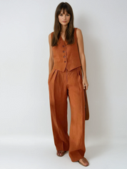 Women's Cotton Linen Waistcoat and Wide Leg Trousers Set