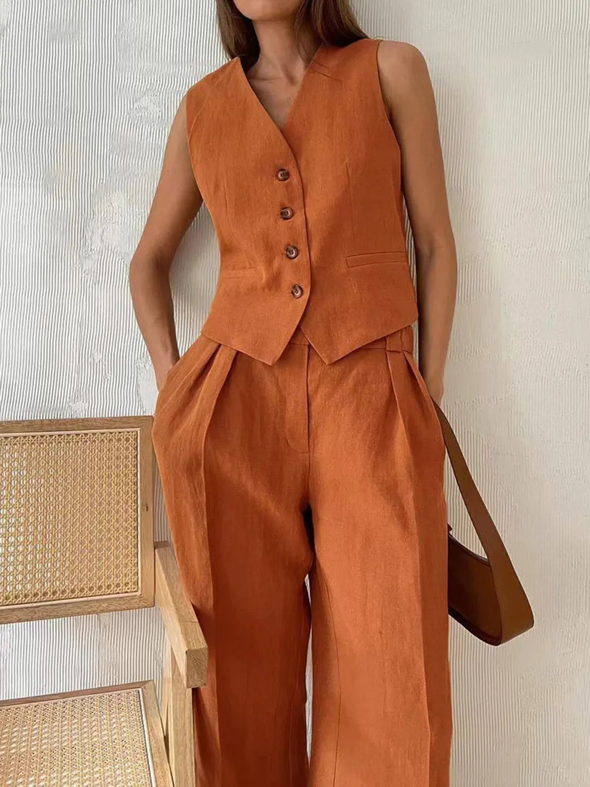 Women's Cotton Linen Waistcoat and Wide Leg Trousers Set