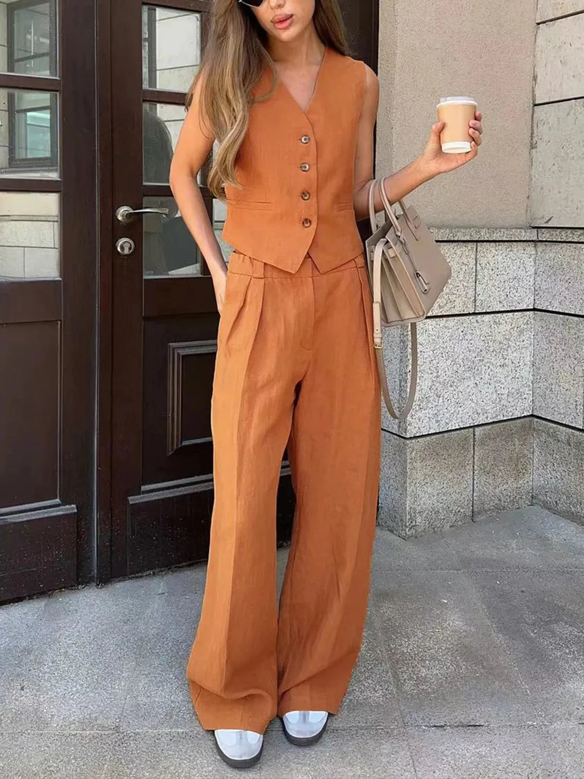 Women's Cotton Linen Waistcoat and Wide Leg Trousers Set