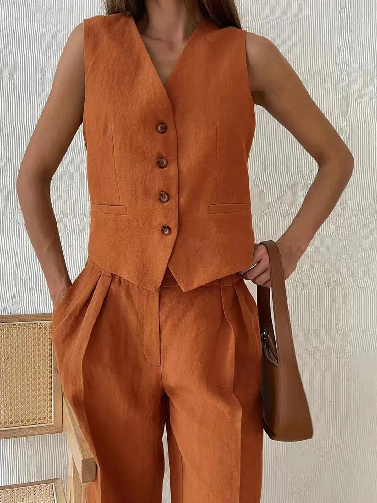 Women's Cotton Linen Waistcoat and Wide Leg Trousers Set