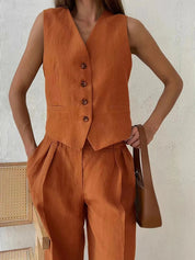 Women's Cotton Linen Waistcoat and Wide Leg Trousers Set
