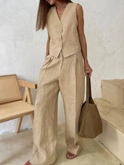 Women's Cotton Linen Waistcoat and Wide Leg Trousers Set