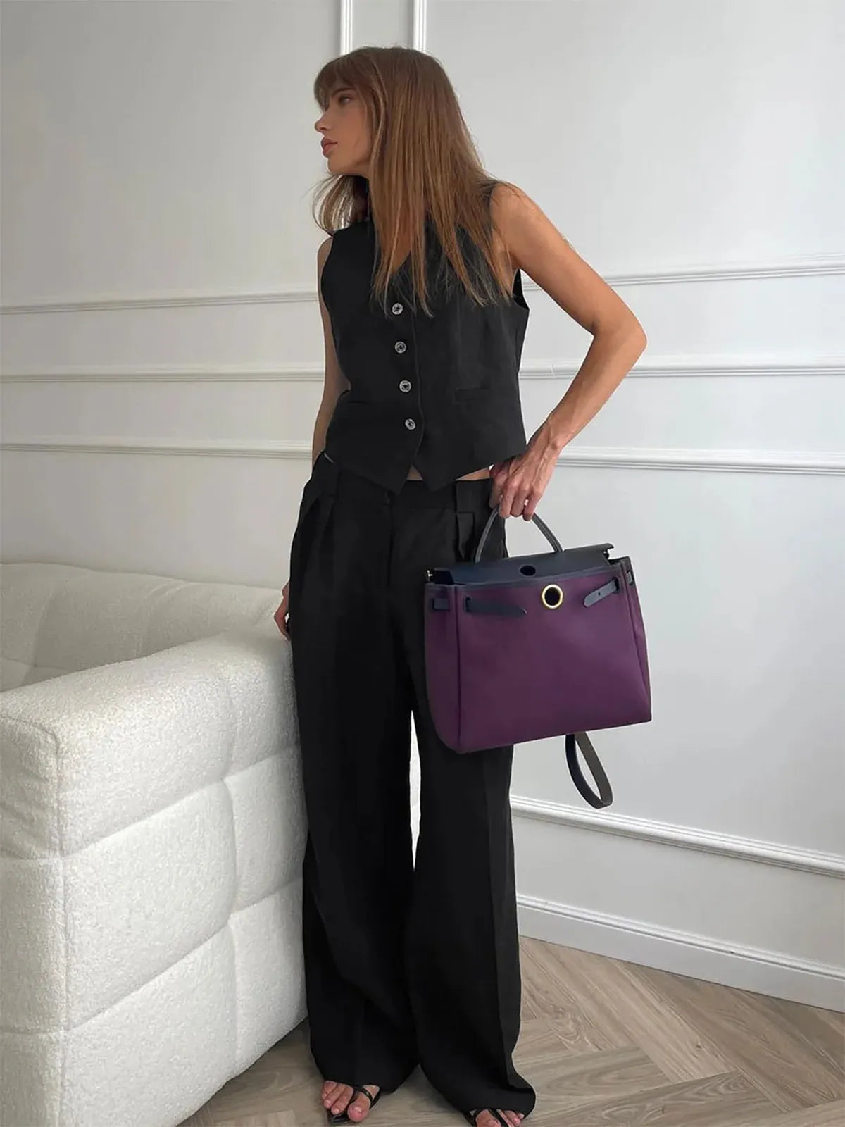 Women's Cotton Linen Waistcoat and Wide Leg Trousers Set