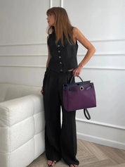 Women's Cotton Linen Waistcoat and Wide Leg Trousers Set