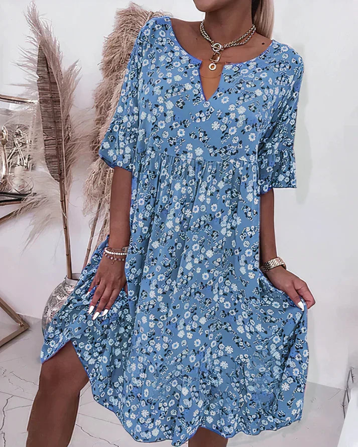 Women's Floral Print Shift Dress with V Neckline
