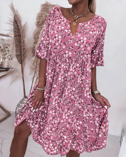 Women's Floral Print Shift Dress with V Neckline