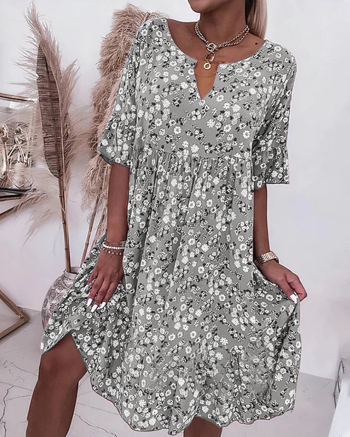 Women's Floral Print Shift Dress with V Neckline