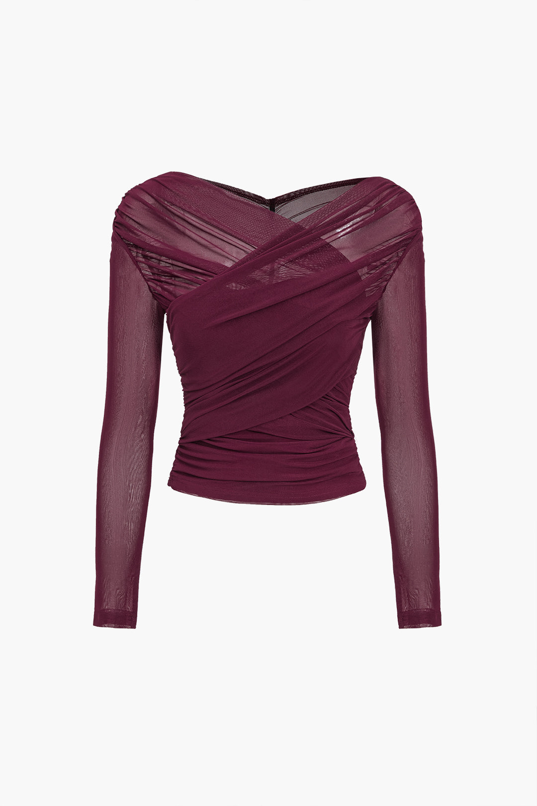 Women's Sheer Mesh Ruched Long Sleeve Top