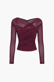 Women's Sheer Mesh Ruched Long Sleeve Top