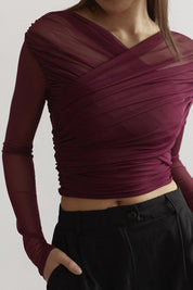 Women's Sheer Mesh Ruched Long Sleeve Top