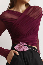 Women's Sheer Mesh Ruched Long Sleeve Top