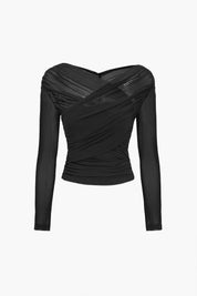 Women's Sheer Mesh Ruched Long Sleeve Top
