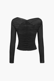 Women's Sheer Mesh Ruched Long Sleeve Top