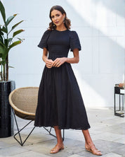 Women's Black Cotton Smocked Midi Dress