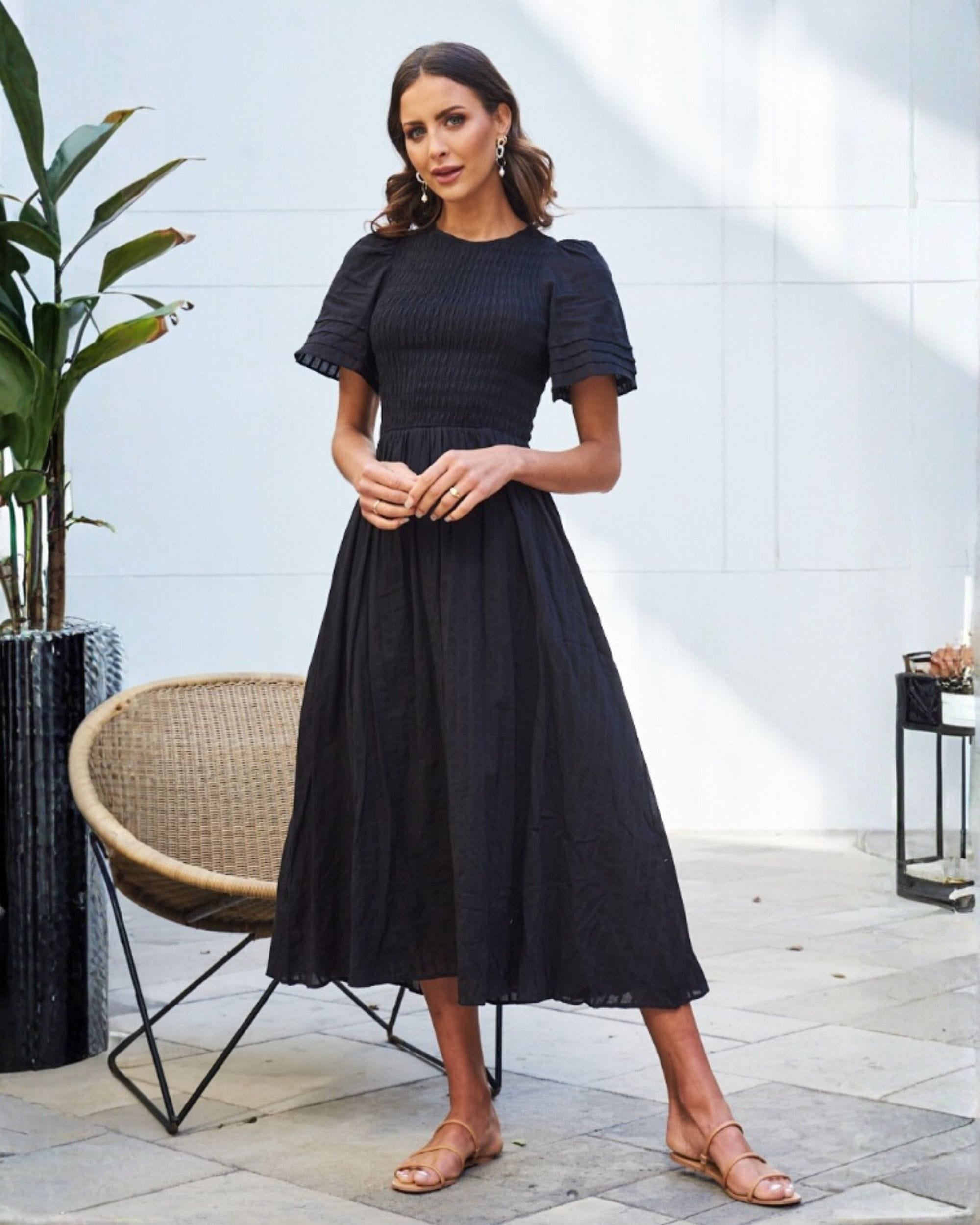 Women's Black Cotton Smocked Midi Dress