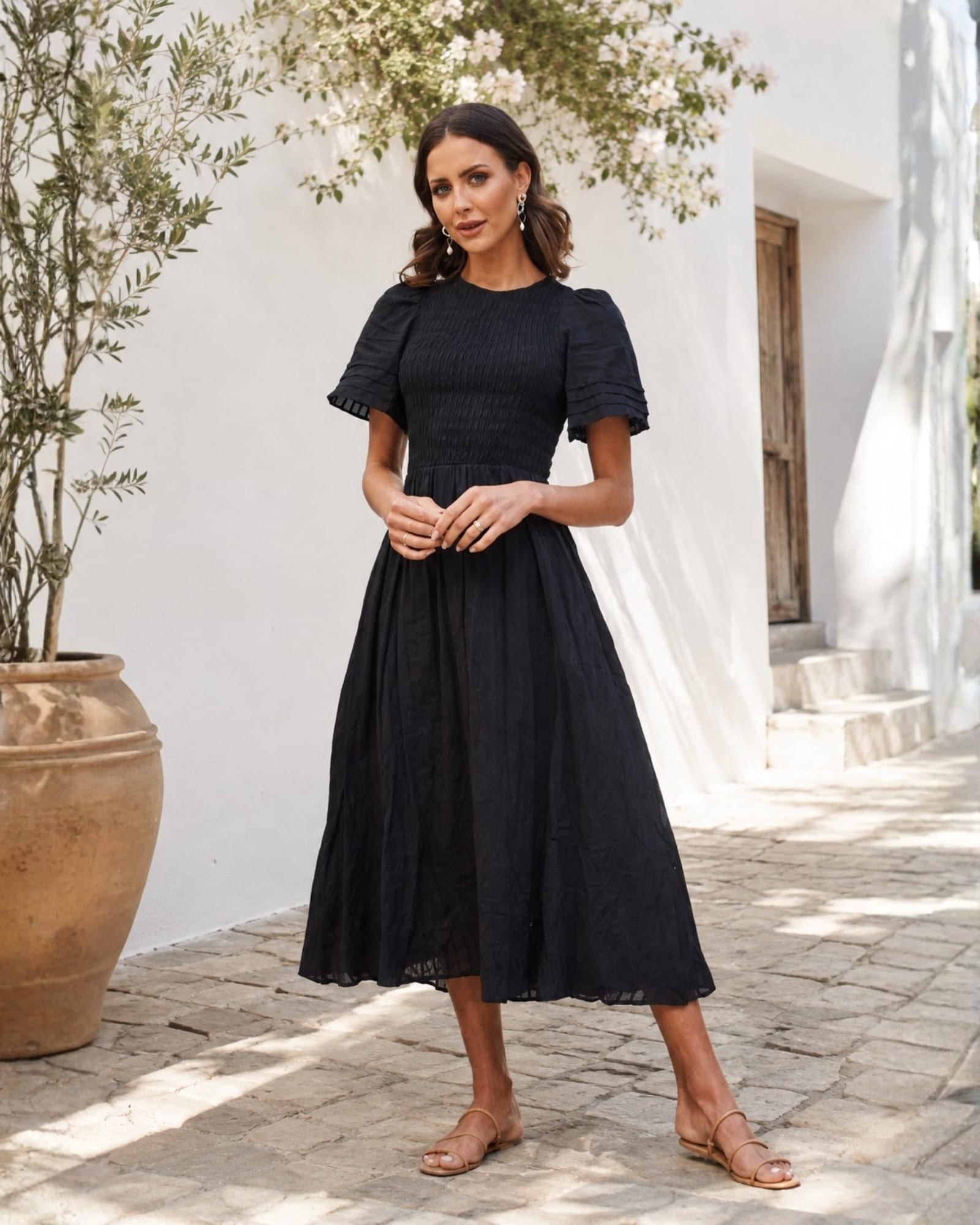 Women's Black Cotton Smocked Midi Dress