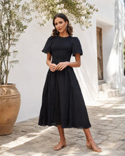 Women's Black Cotton Smocked Midi Dress