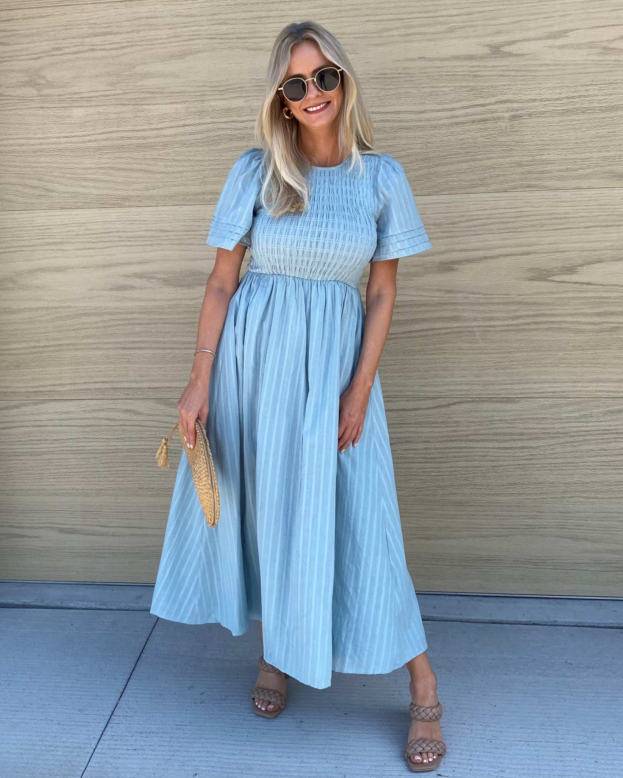 Women's Cotton Smock Midi Dress with Shirred Bodice