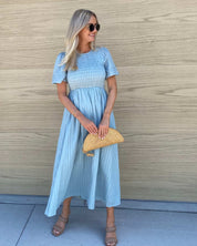 Women's Cotton Smock Midi Dress with Shirred Bodice