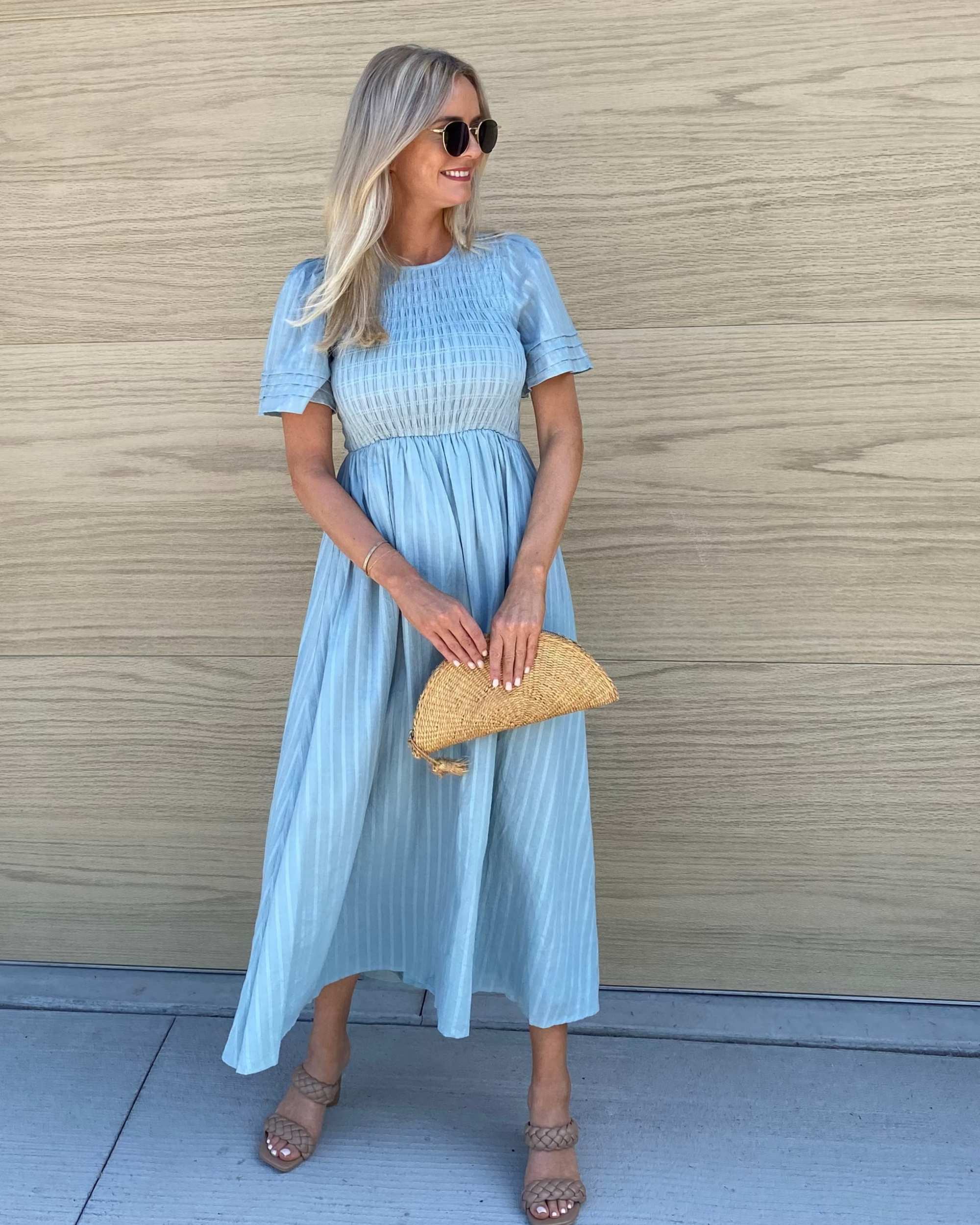 Women's Cotton Smock Midi Dress with Shirred Bodice