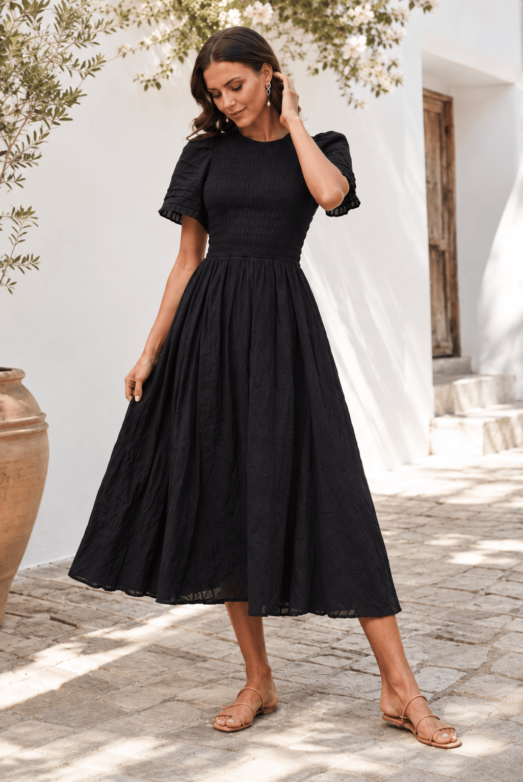 Women's Black Cotton Smocked Midi Dress