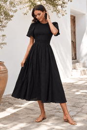 Women's Black Cotton Smocked Midi Dress