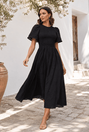 Women's Black Cotton Smocked Midi Dress