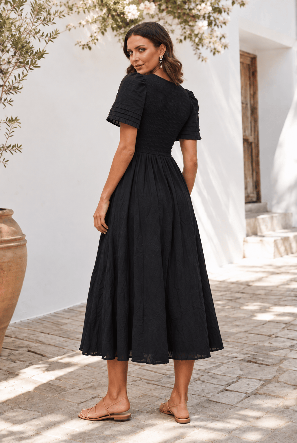 Women's Black Cotton Smocked Midi Dress