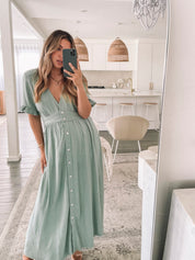 Women's Linen Button-Up Midi Dress with Plunge Neckline