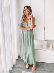 Women's Linen Button-Up Midi Dress with Plunge Neckline