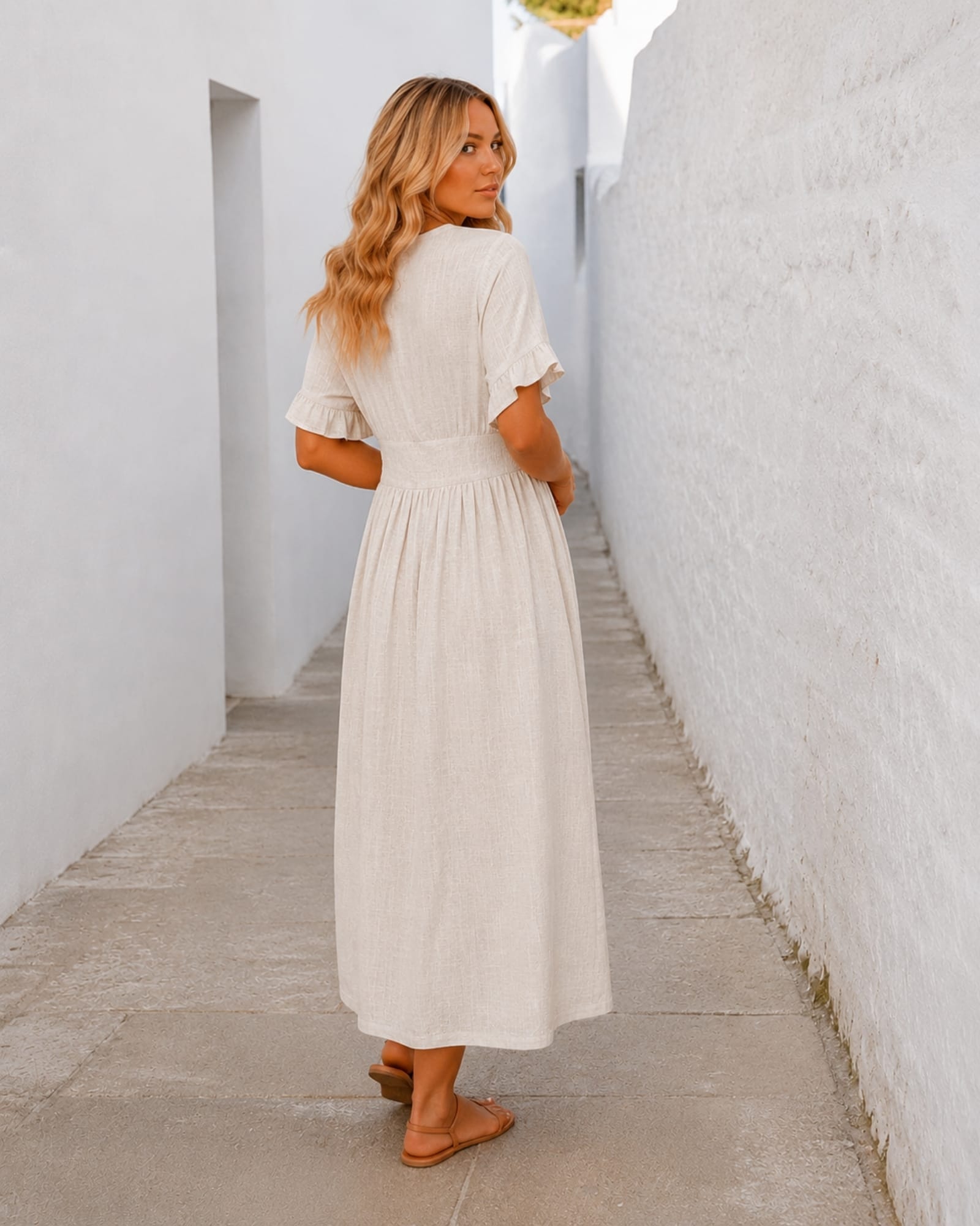 Women's Linen Blend Button-Up Midi Dress