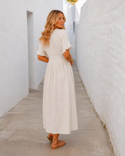 Women's Linen Blend Button-Up Midi Dress
