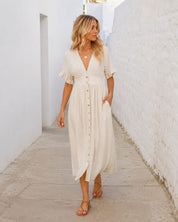 Women's Linen Blend Button-Up Midi Dress