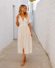 Women's Linen Blend Button-Up Midi Dress