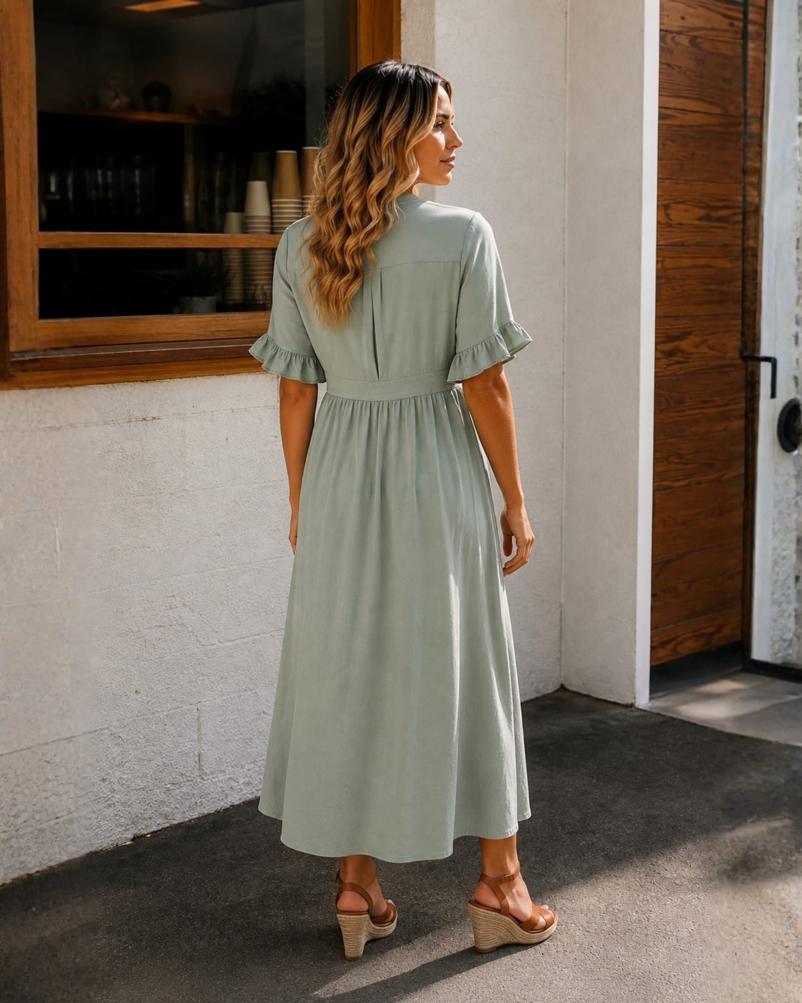 Women's Linen Button-Up Midi Dress with Plunge Neckline