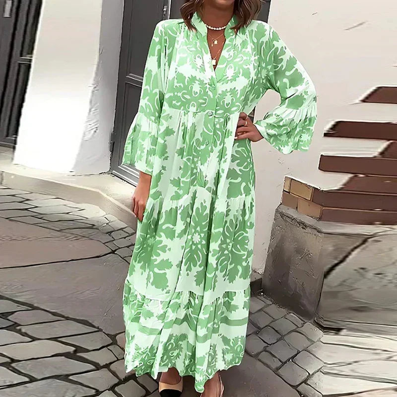 Women's Boho Printed Maxi Dress with Bell Sleeves