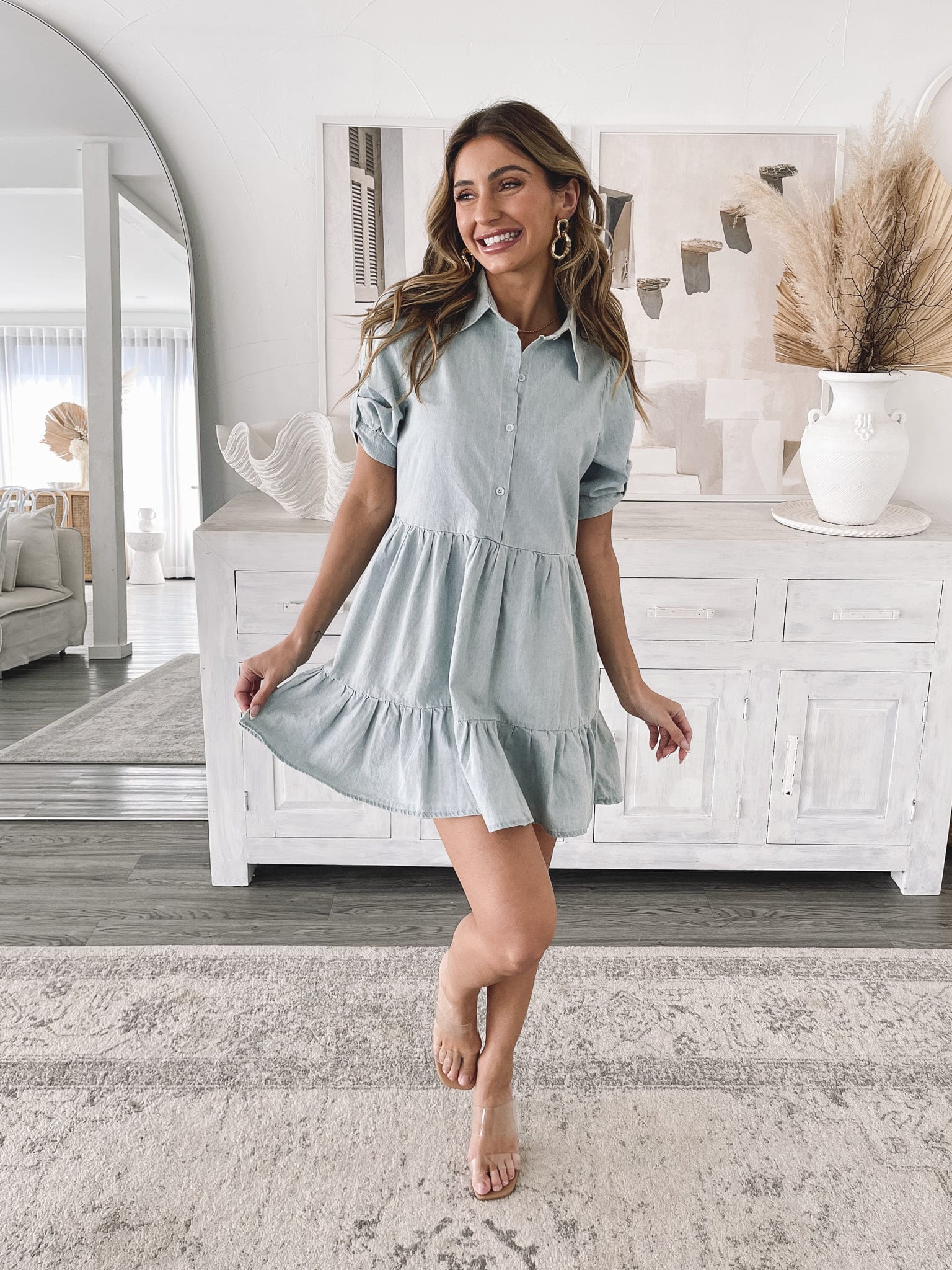 Women's Cotton Tiered Mini Shirt Dress