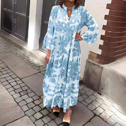 Women's Boho Printed Maxi Dress with Bell Sleeves