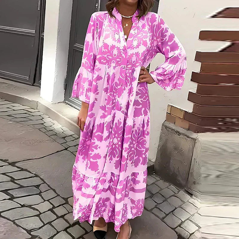 Women's Boho Printed Maxi Dress with Bell Sleeves