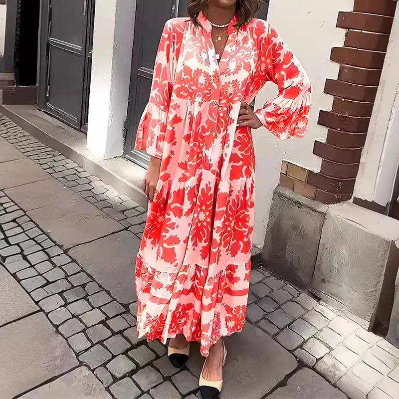 Women's Boho Printed Maxi Dress with Bell Sleeves