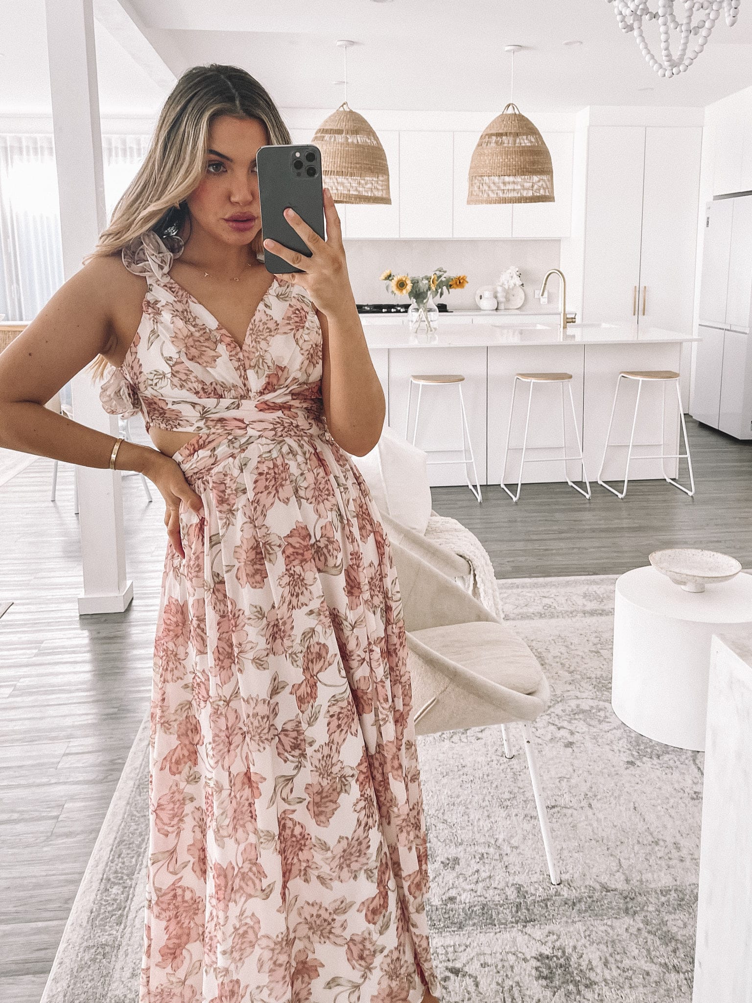 Women's Floral Maxi Dress with Side Cutouts