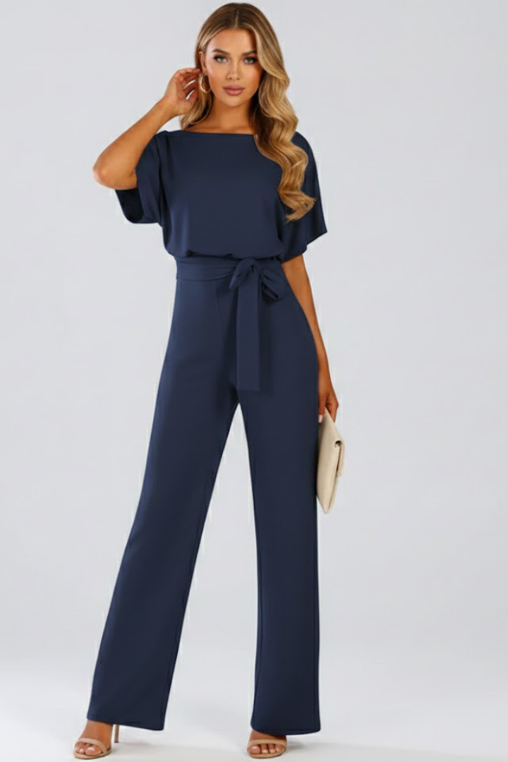 Women's Wide Leg Jumpsuit with Tie Belt