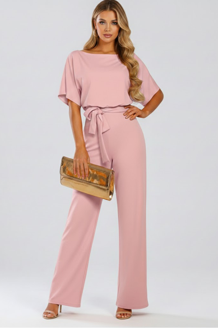 Women's Wide Leg Jumpsuit with Tie Belt
