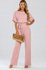 Women's Wide Leg Jumpsuit with Tie Belt