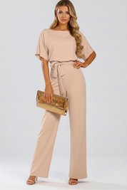 Women's Wide Leg Jumpsuit with Tie Belt